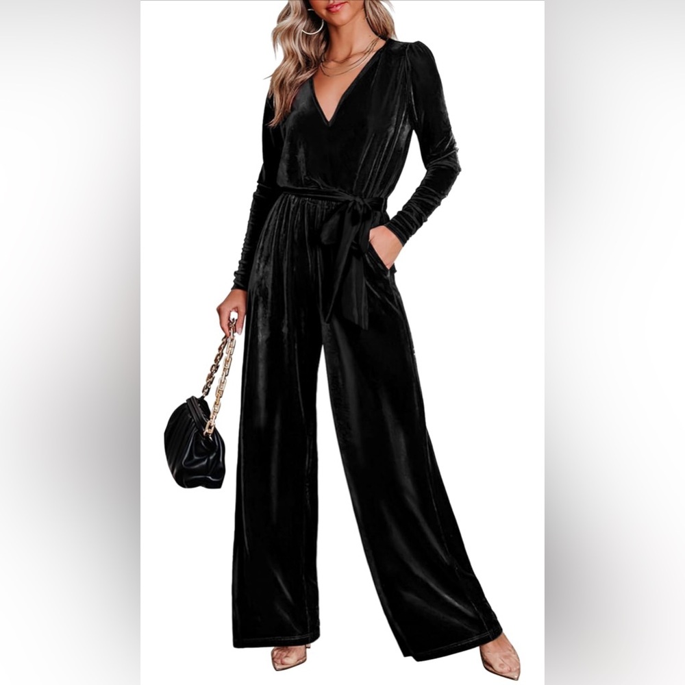 Velvet Wide Leg Jumpsuit Dressy VNeck Belted Romper Fall Outfit with Pocket